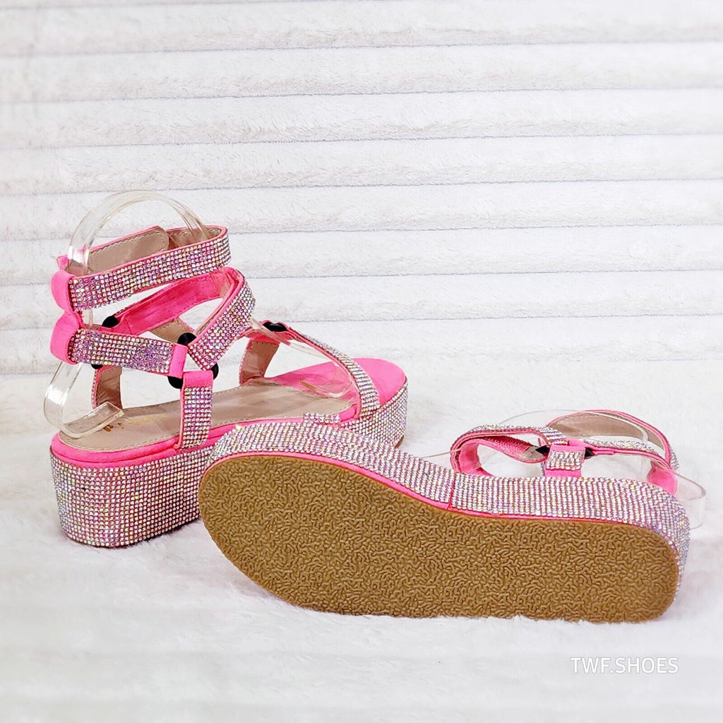 Pazzle Pink 2" Platform Harness Strap Sparkling Iridescent Rhinestone Sandals - Totally Wicked Footwear