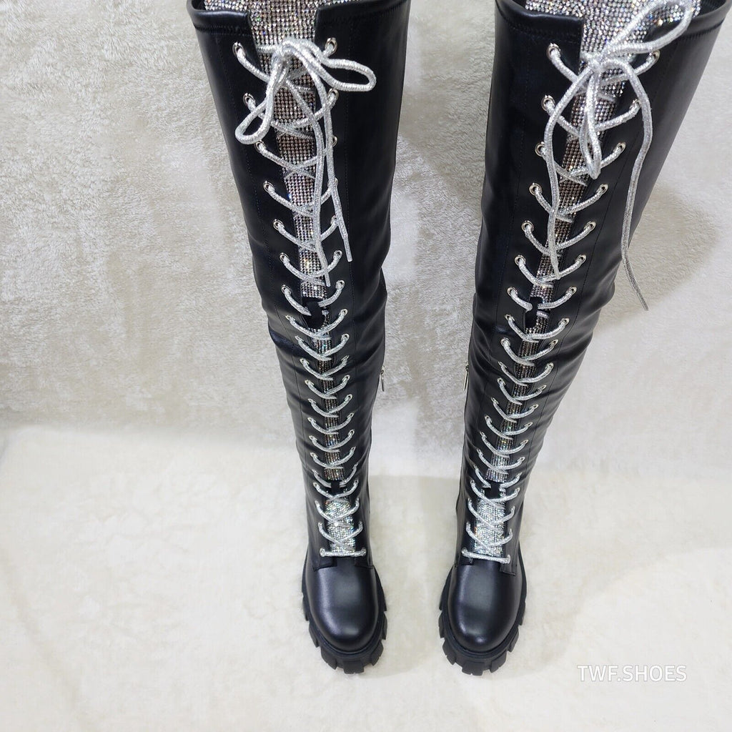 Roscoe Black Combat Thigh High Boots Iridescent Rhinestone Tongue Metallic Laces - Totally Wicked Footwear