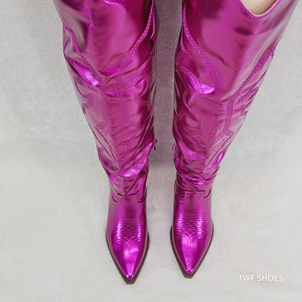 Country Disco Cowboy Metallic Hot Pink Western Cowgirl OTK Thigh Boots - Totally Wicked Footwear