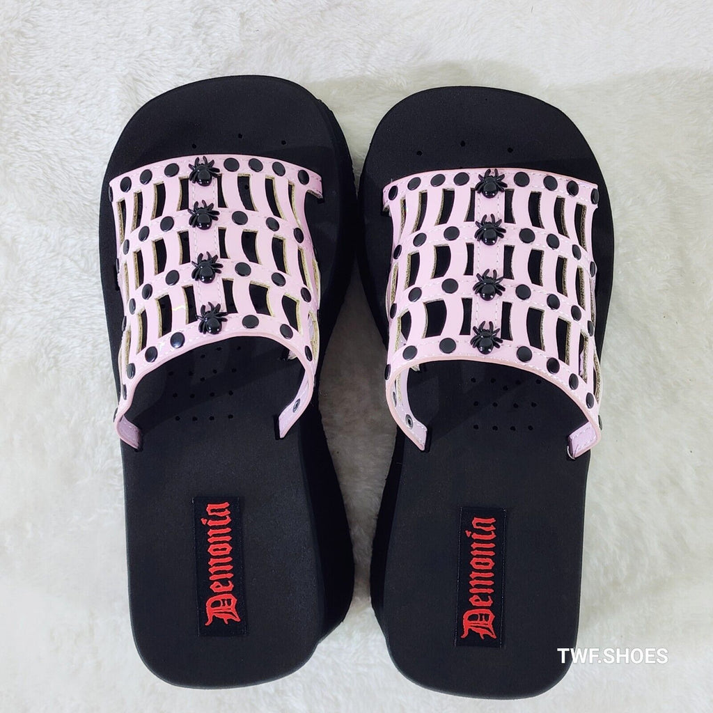 Funn Platform Goth Cut Out Web Sandals Spider Studs Slip On Shoes Pink Hologram - Totally Wicked Footwear