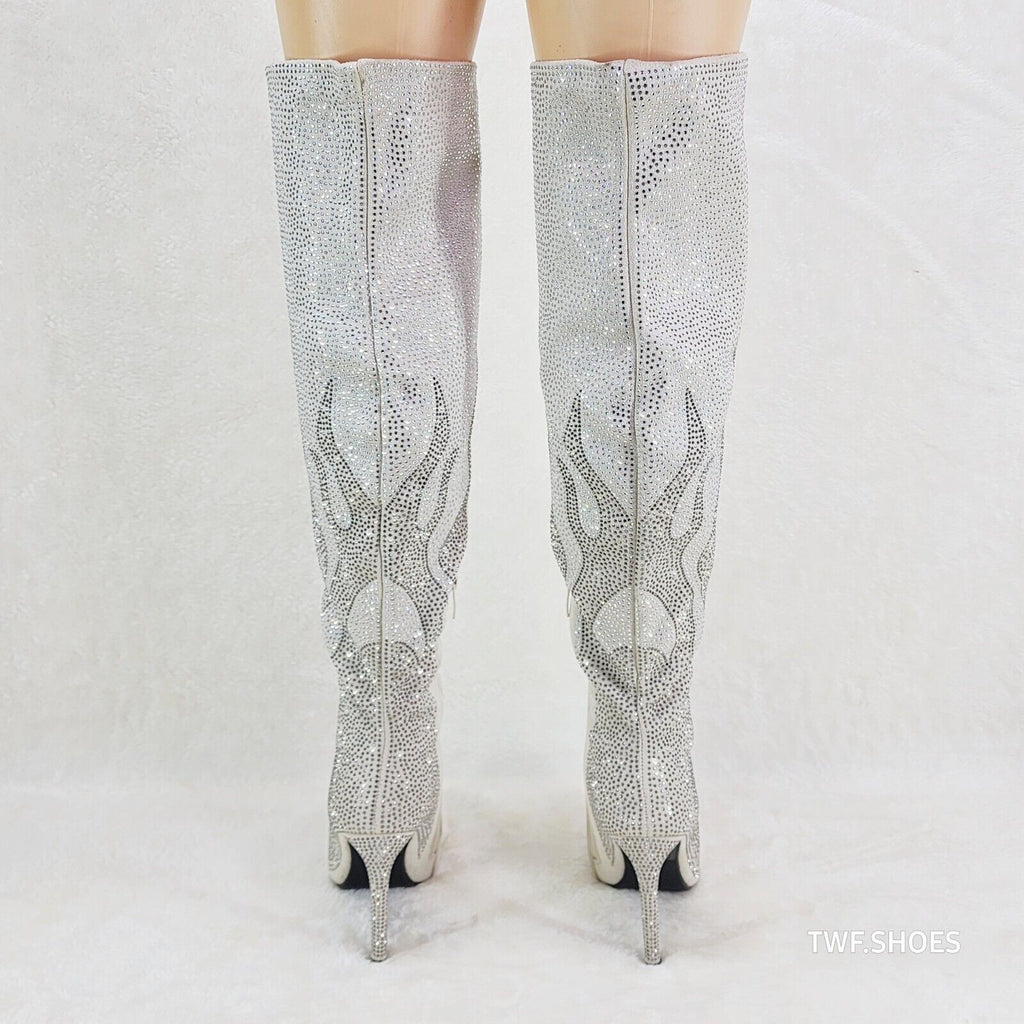 Fiery Desire Cream Ivory & Silver Rhinestone Flame Detail Sexy OTK Thigh Boots - Totally Wicked Footwear