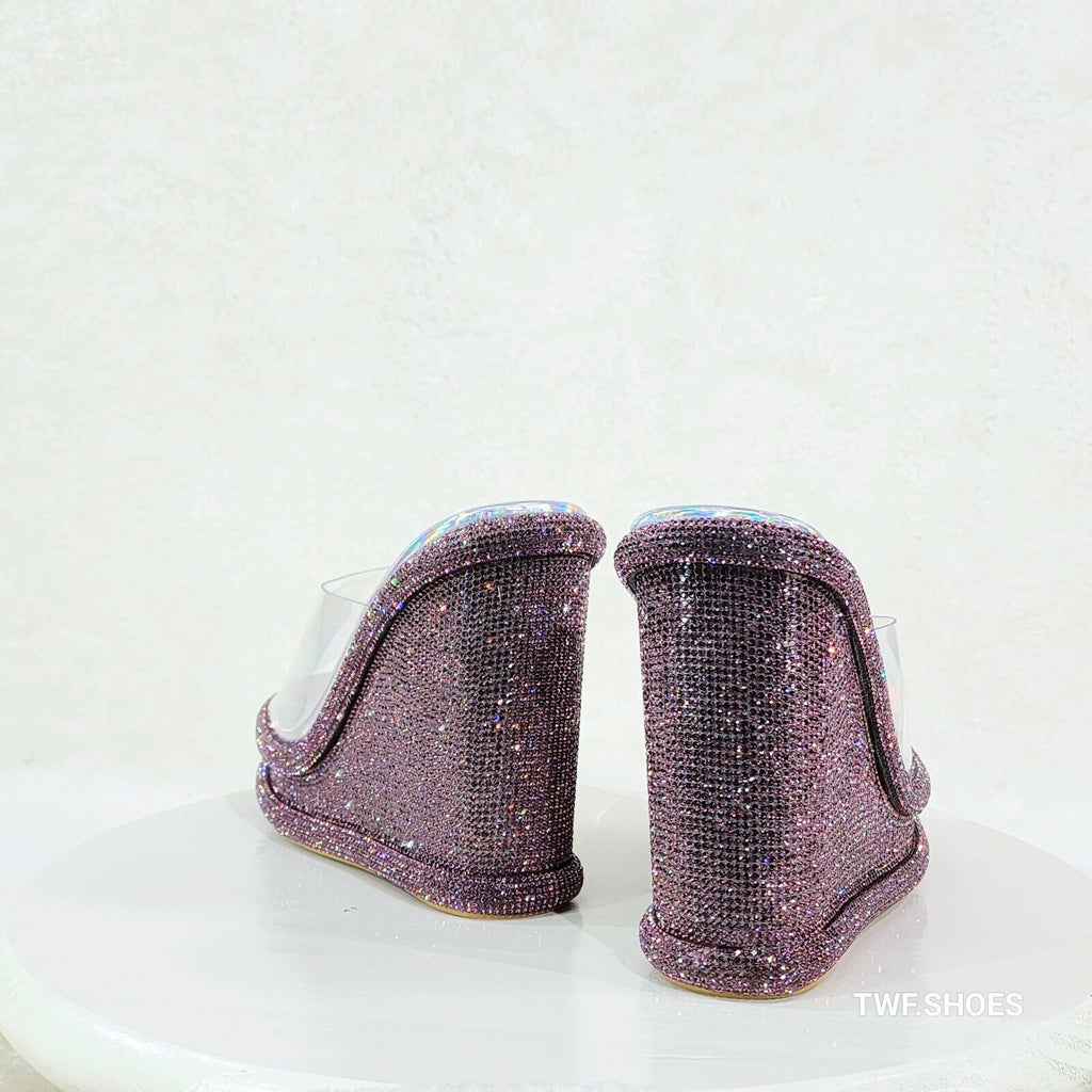 Zesty Purple Hologram Rhinestone Platform Wedge Heel Slip On Sandals - Totally Wicked Footwear