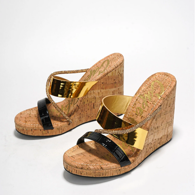 Xando Slip On Cork Wedge Slides Multi Size Triple Straps Gold Rhinestones - Totally Wicked Footwear