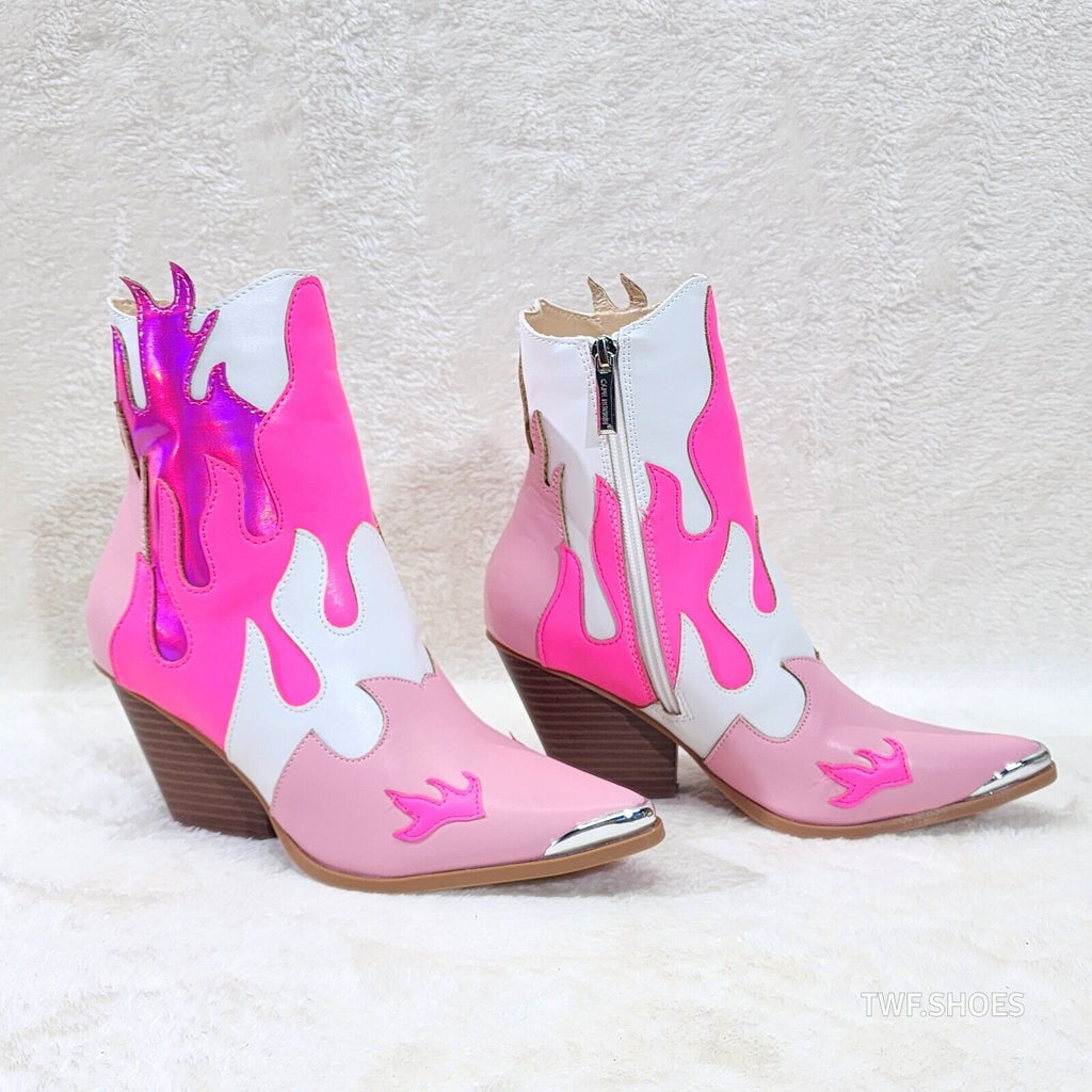 Western Flame Cowgirl Ankle Boots Pink Fire Color Block Country Rock - Totally Wicked Footwear