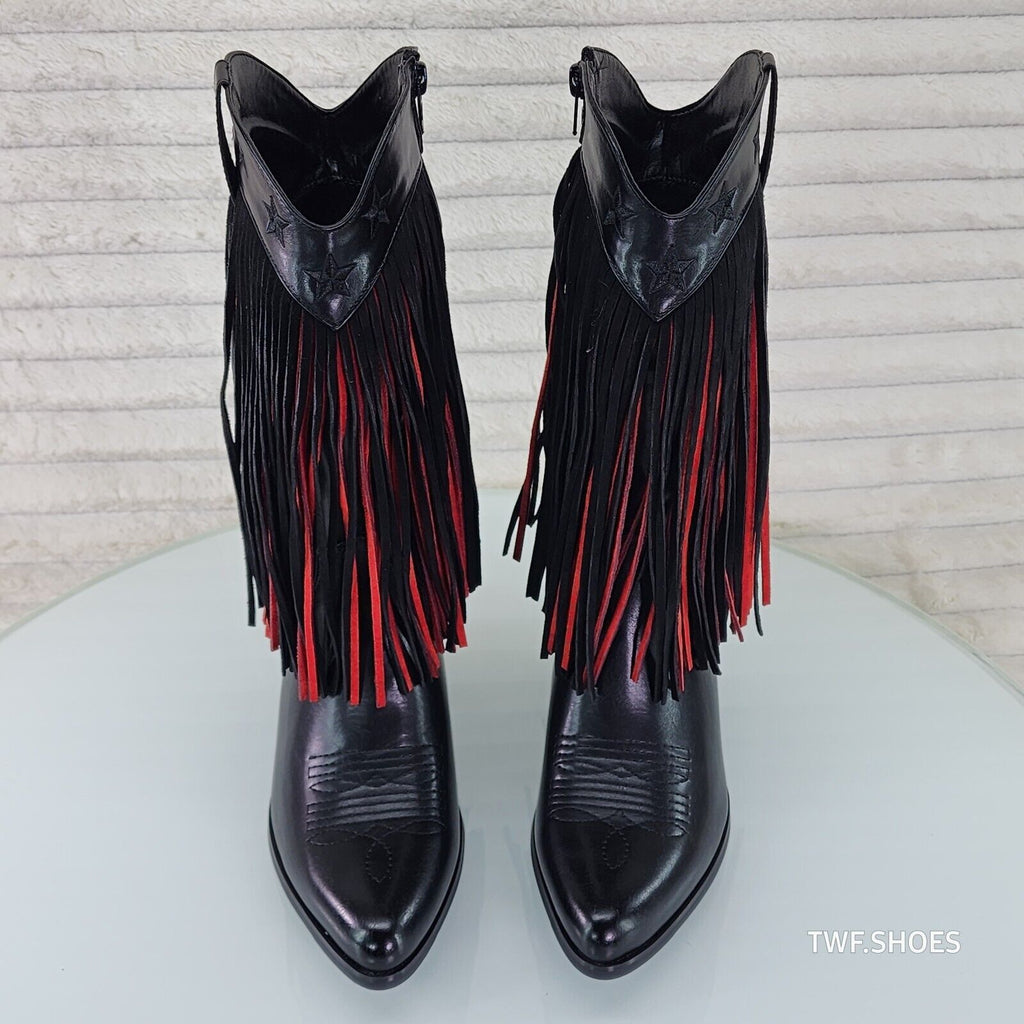 Dusty Roads Mid Calf Black and Red Fringe Country Western Cowgirl Boots - Totally Wicked Footwear