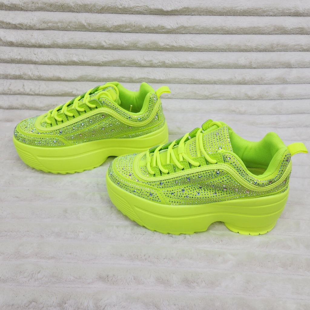 Cush Baby 2 Neon Yellow Rhinestone Platform Sneakers - Tennis shoes - Totally Wicked Footwear