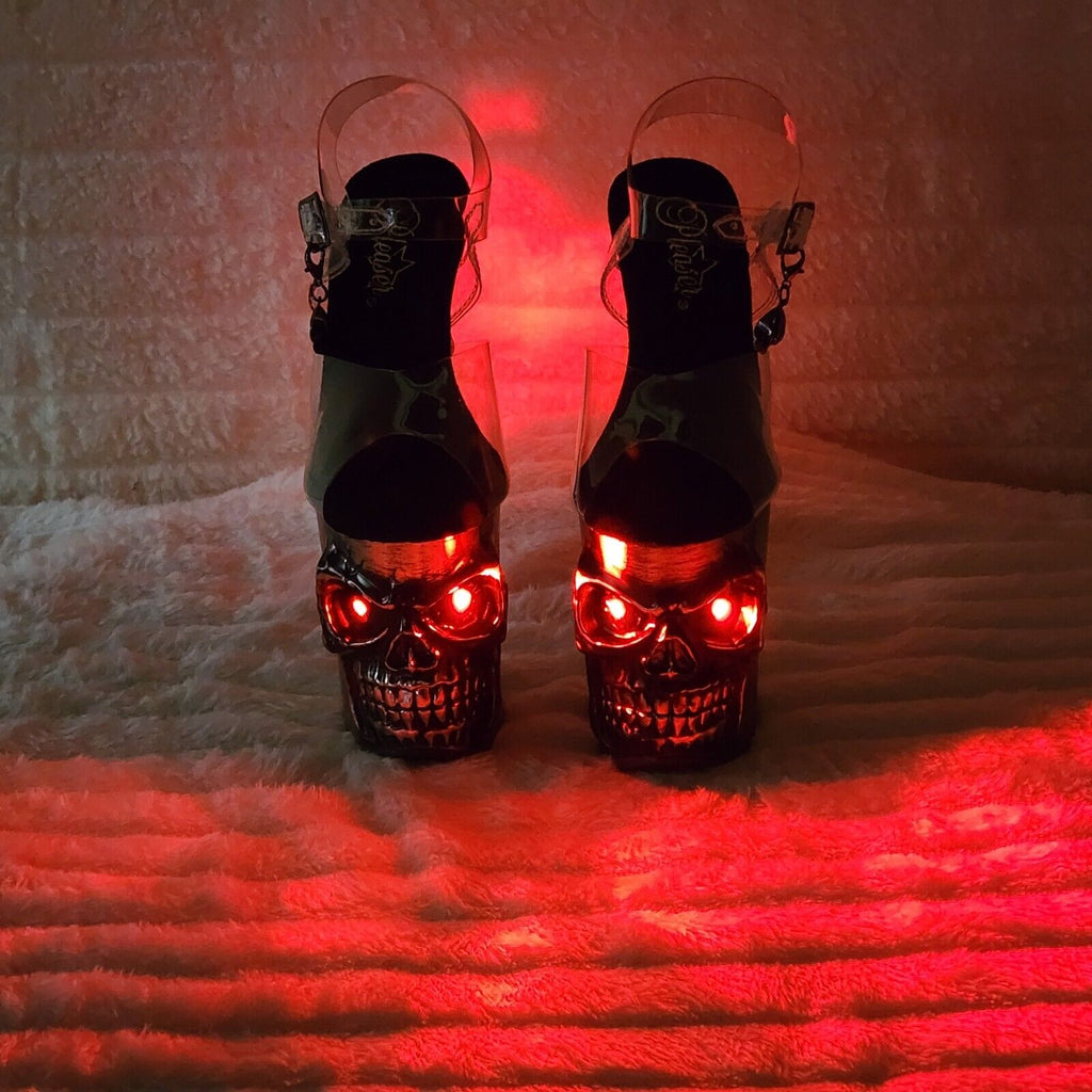 Rapture Clear Upper Brass Skull & Bones LED 8" High Heel Platform Shoes 5-10 NY - Totally Wicked Footwear