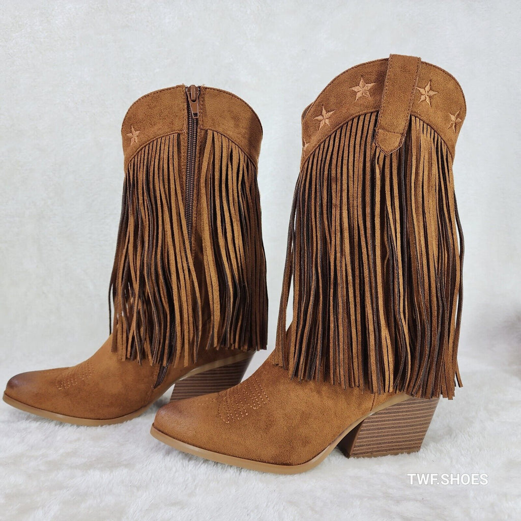 Dusty Trails Mid Calf Whiskey Brown Fringe Country Western Cowgirl Boots - Totally Wicked Footwear