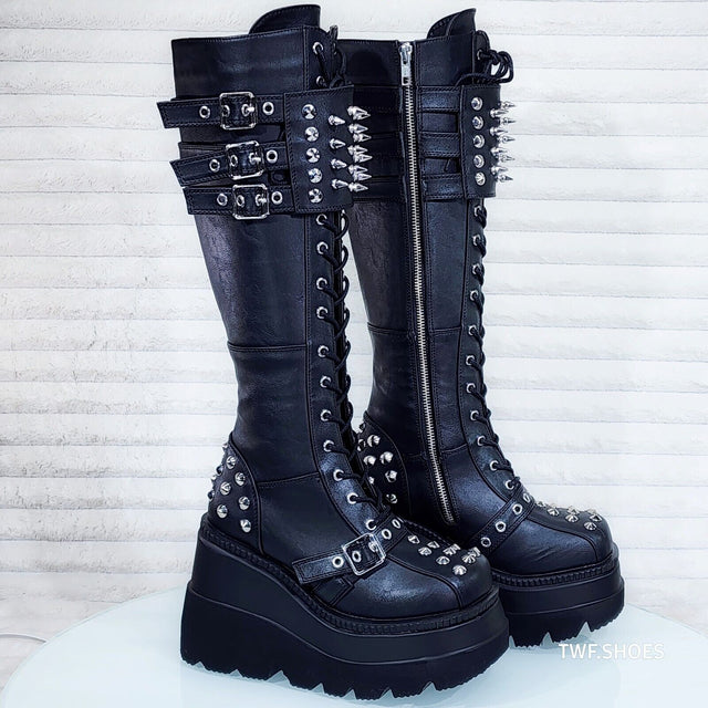 Shaker 225 Black Matte Platform 4.5" Wedge Heel Spiked Knee Boots NY DEMONIA - Totally Wicked Footwear