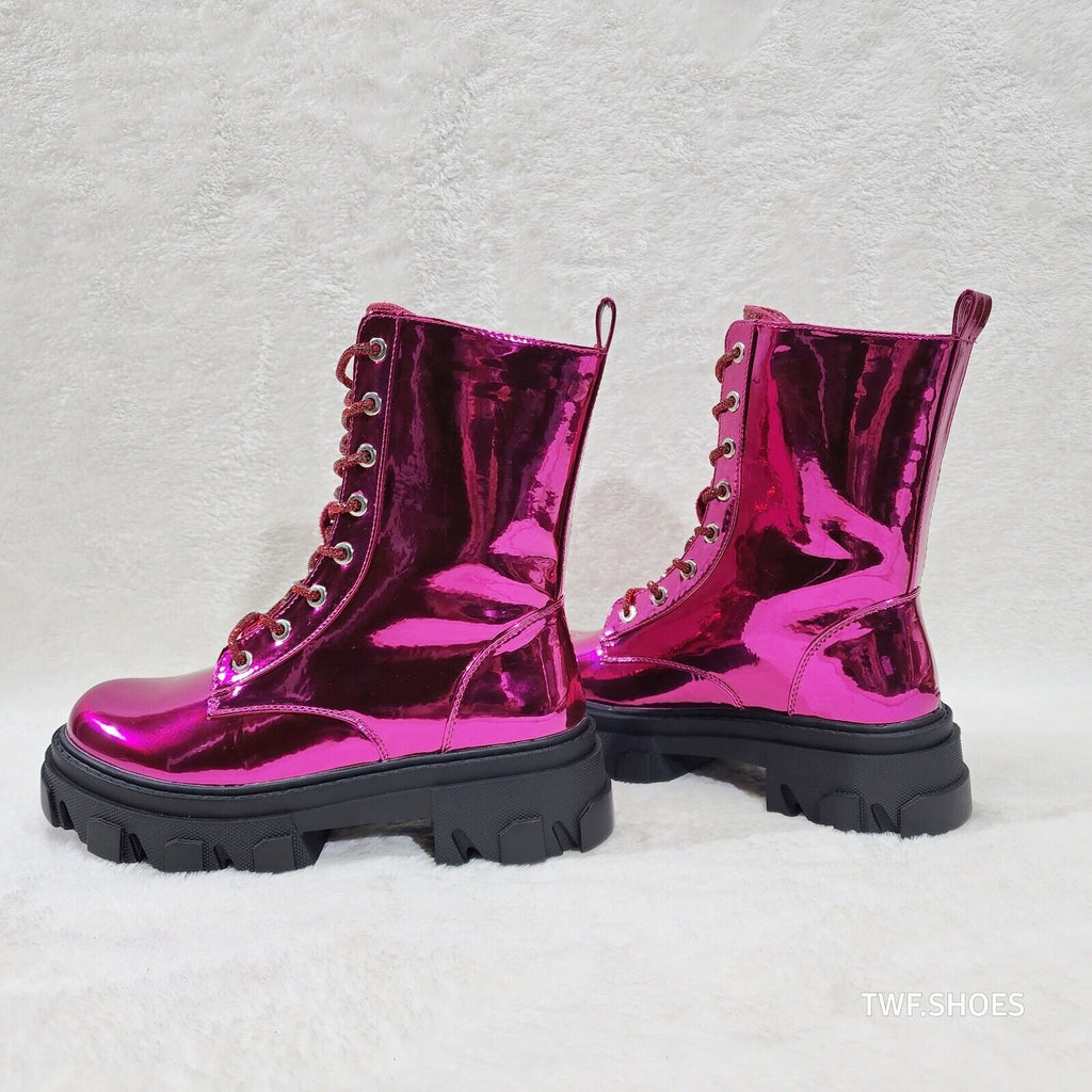 Rowan Metallic Pink Combat Ankle Boots Iridescent Rhinestone Tongue & Rope Laces - Totally Wicked Footwear