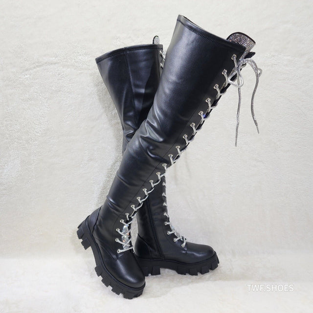 Roscoe Black Combat Thigh High Boots Iridescent Rhinestone Tongue Metallic Laces - Totally Wicked Footwear