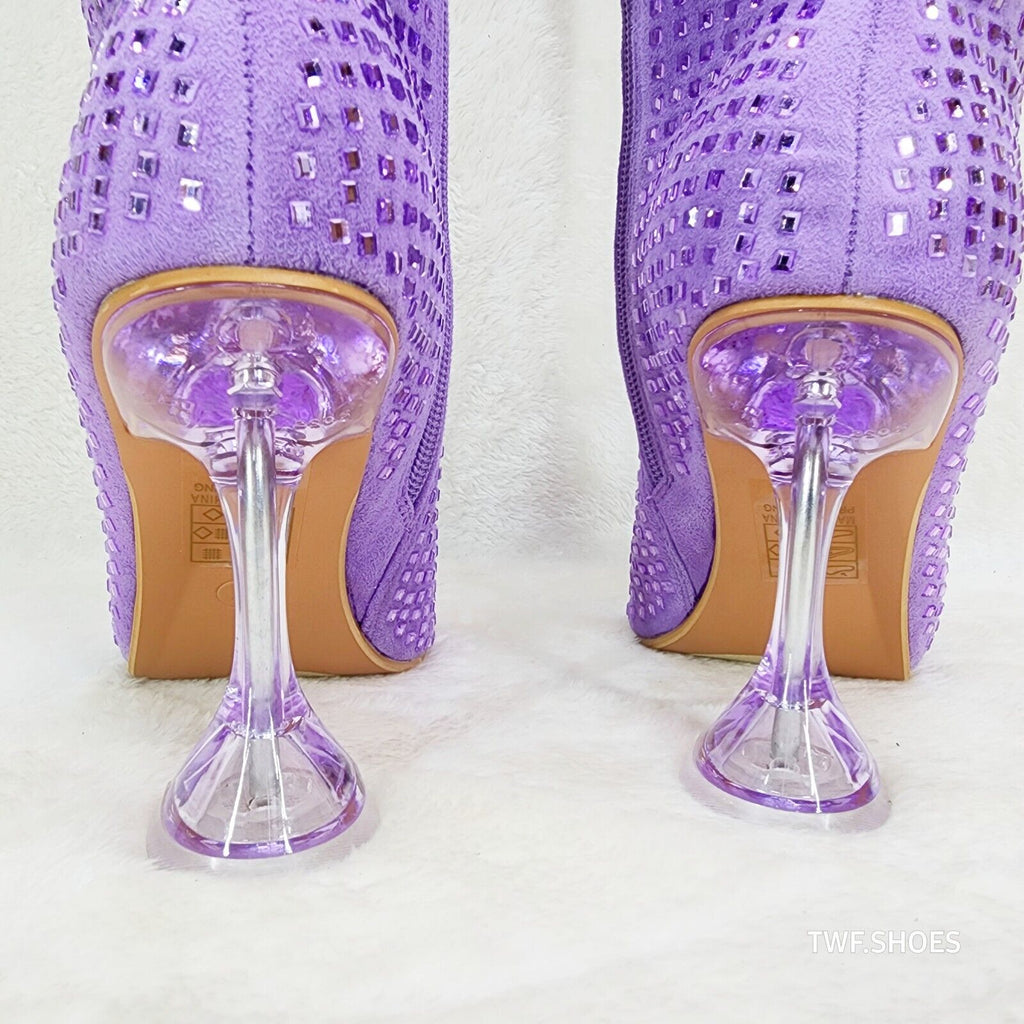 Glamour Shot Mirrored Rhinestone Tinted 4" Pyramid Heel Knee Boots Lilac Purple - Totally Wicked Footwear