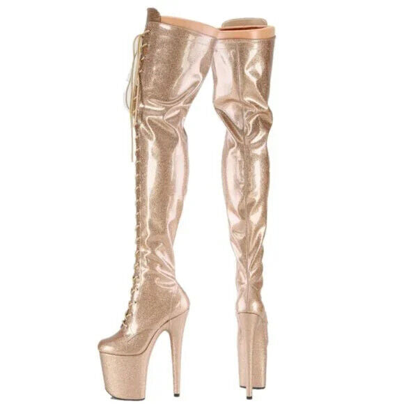 3020 Gold Glitter Patent 3020 Lace Up Thigh High Platform Boots Flamingo 8" Heel - Totally Wicked Footwear