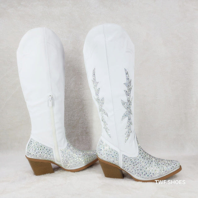 Annie White Leatherette With Rhinestones Country Glam Western Cowgirl Knee Boots - Totally Wicked Footwear