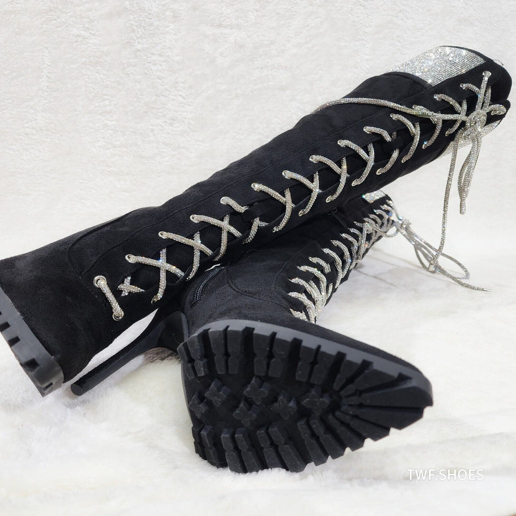 Queens FX Suede & Rhinestone Pointy Toe High Heels Stiletto Lace Up Knee Boots - Totally Wicked Footwear