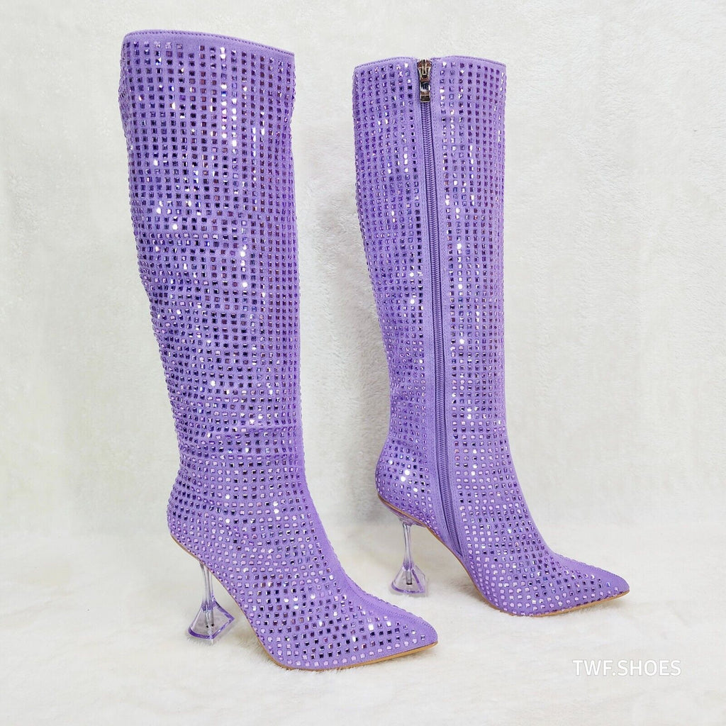 Glamour Shot Mirrored Rhinestone Tinted 4" Pyramid Heel Knee Boots Lilac Purple - Totally Wicked Footwear