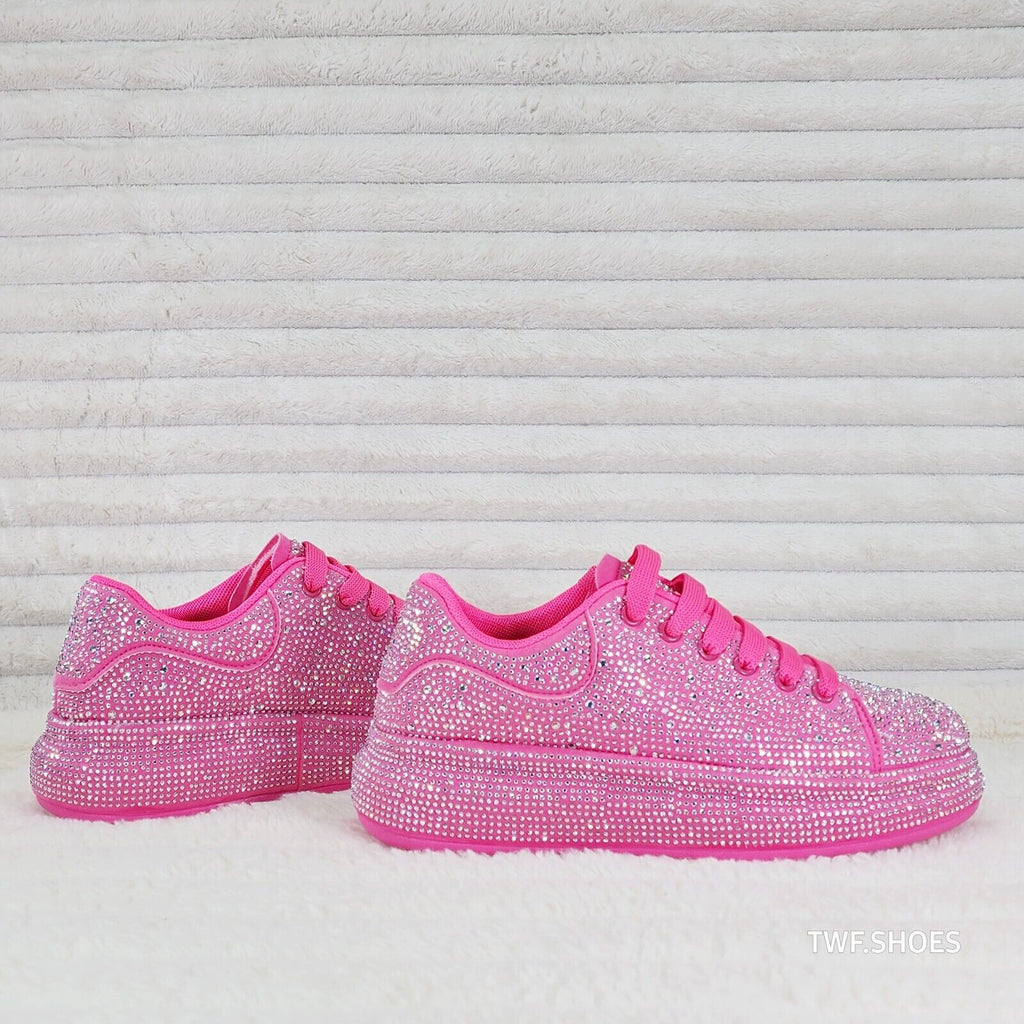 Dazzle Cush Bright Hot Pink Neon Rhinestone Comfy Platform Sneakers Tennis Shoes - Totally Wicked Footwear