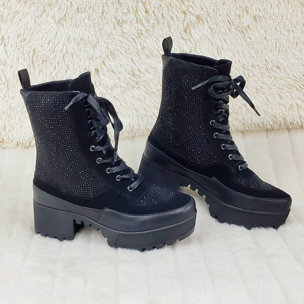 Queen Pin 2 Black Rhinestone Lace Up Platform Sneaker Combat Ankle Boots - Totally Wicked Footwear