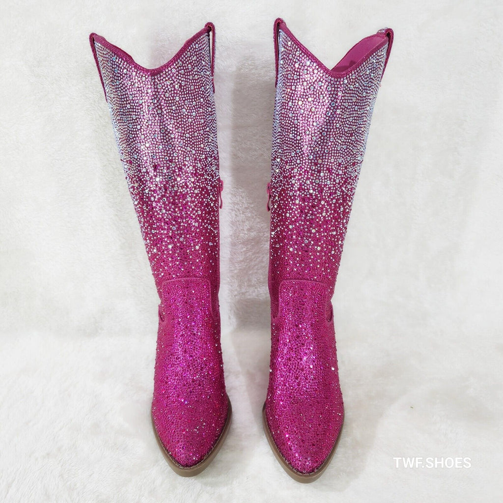 Wild One Glamour Cowboy Fuchsia Hot Pink / Silver Ombre Rhinestone Cowgirl Boots - Totally Wicked Footwear