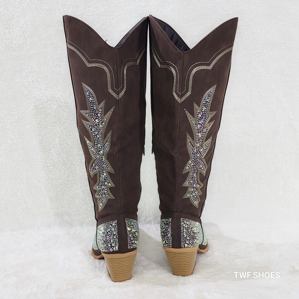 Annie Brown Leatherette With Rhinestones Country Glam Western Cowgirl Knee Boots - Totally Wicked Footwear