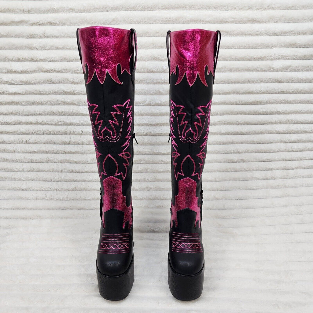 Free Your Soul Western Designed Platform Chunky Heel Knee Boots Festival Gothic - Totally Wicked Footwear