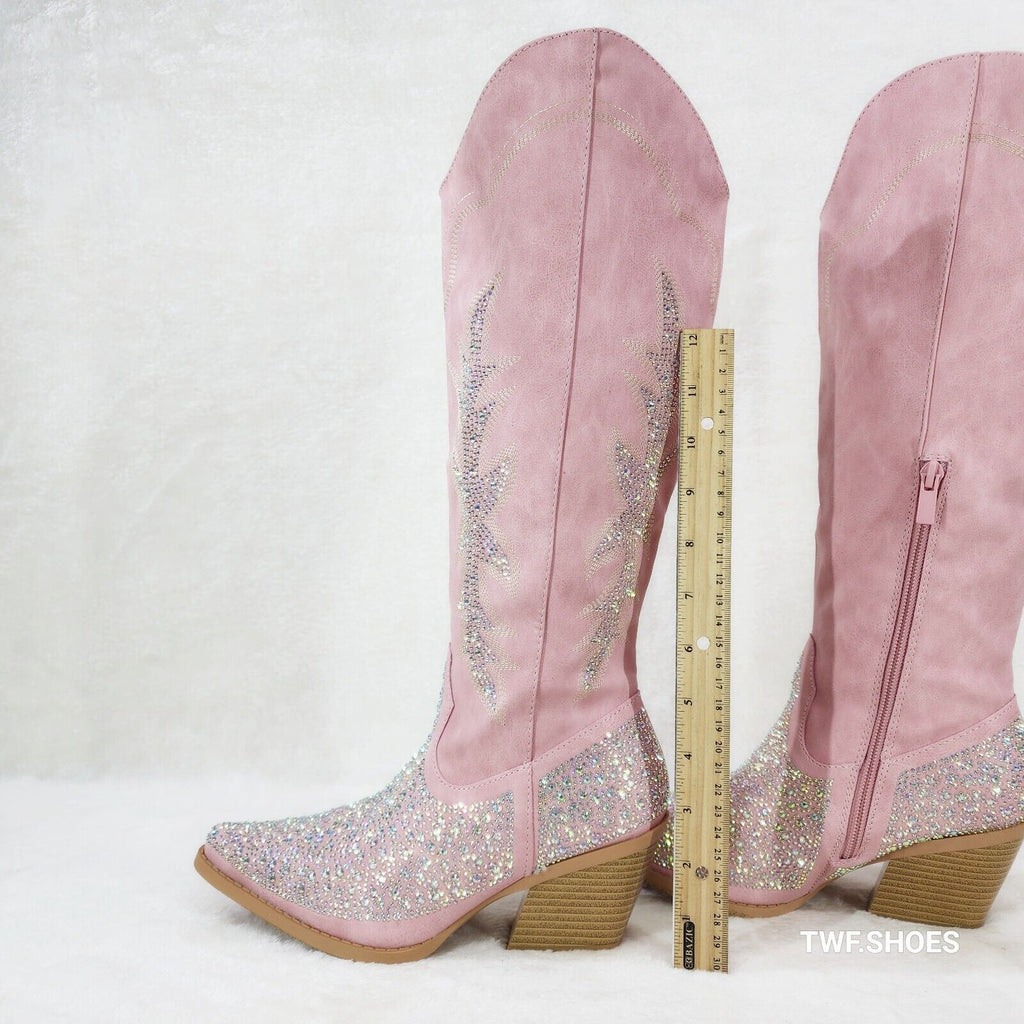 Annie Pink Leatherette With Rhinestones Country Glam Western Cowgirl Knee Boots - Totally Wicked Footwear