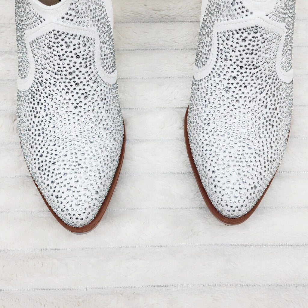 Wild Ones White Glamour Cowboy Rhinestone Cowgirl Ankle Booties Boots - Totally Wicked Footwear