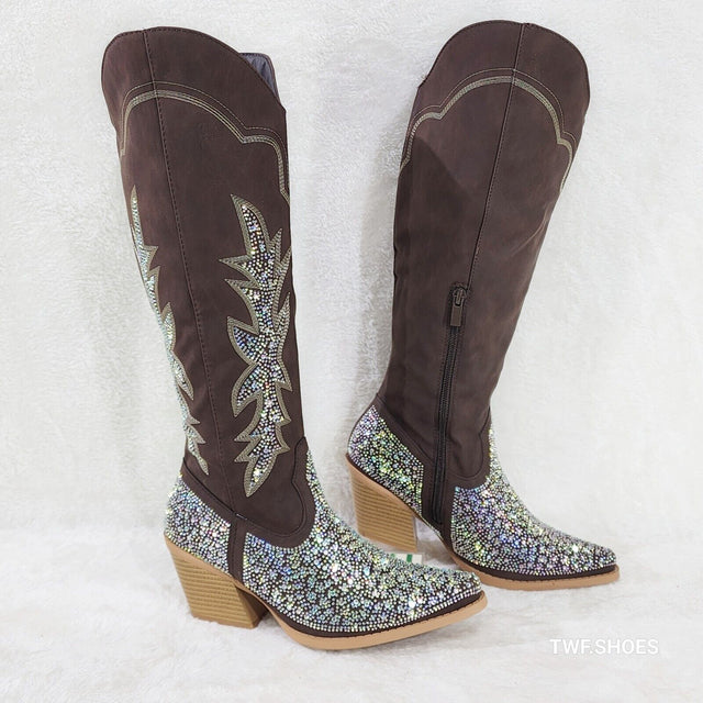 Annie Brown Leatherette With Rhinestones Country Glam Western Cowgirl Knee Boots - Totally Wicked Footwear