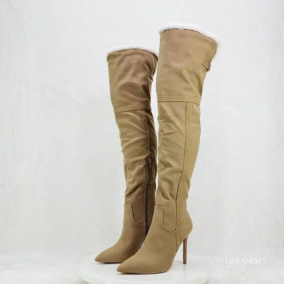 Cozy Craze Taupe Nubuck Over The Knee Fleece High Heel Thigh Boots - Totally Wicked Footwear