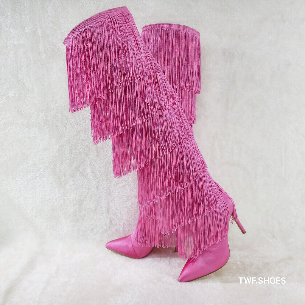 Gogo Fringed Thread Tassle OTK Thigh High Pink Satin High Heel Boots - Totally Wicked Footwear