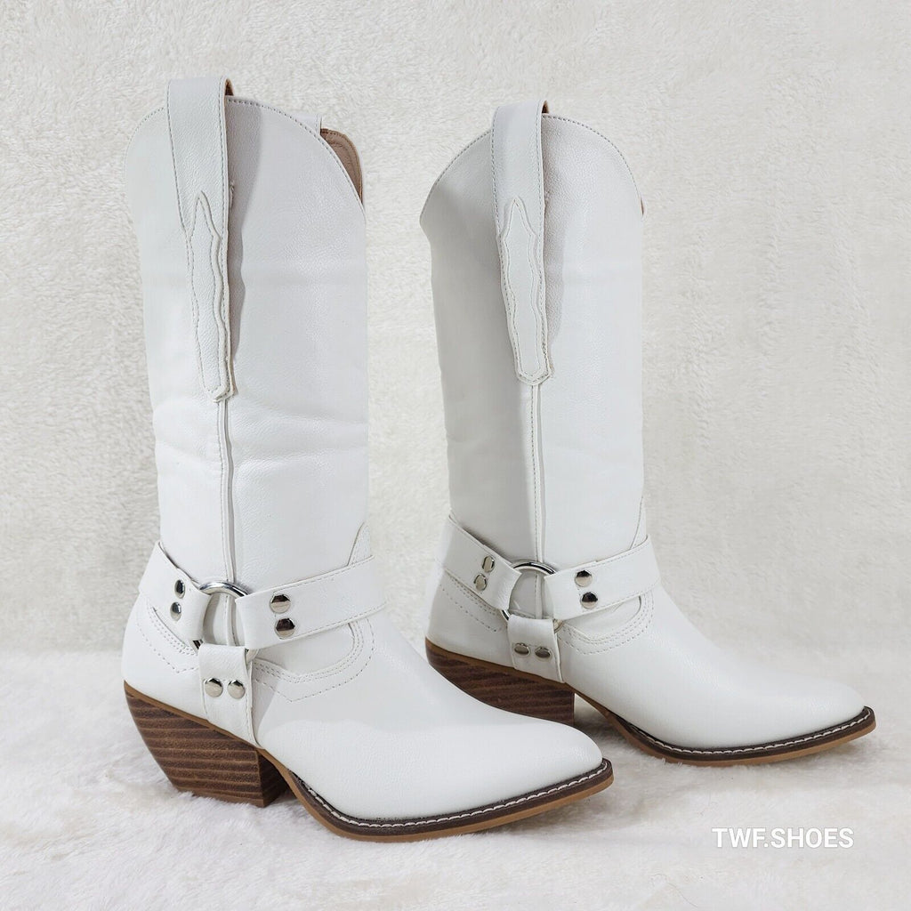 Western Rider Cut Harness White Leatherette Cowboy Pull On Country Cowgirl Boots - Totally Wicked Footwear
