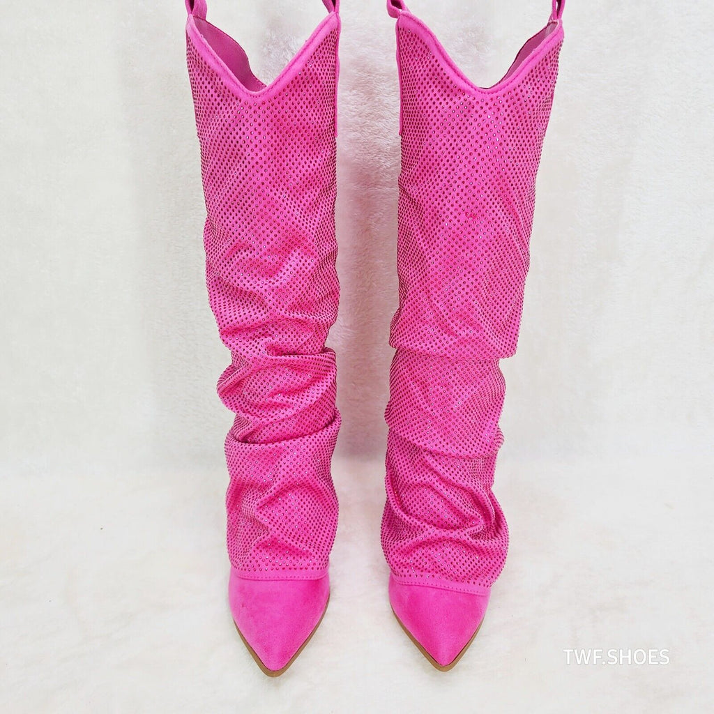 Country Twist Fuchsia Draped Rhinestone Fold Over Western Cowgirl Boots - Totally Wicked Footwear