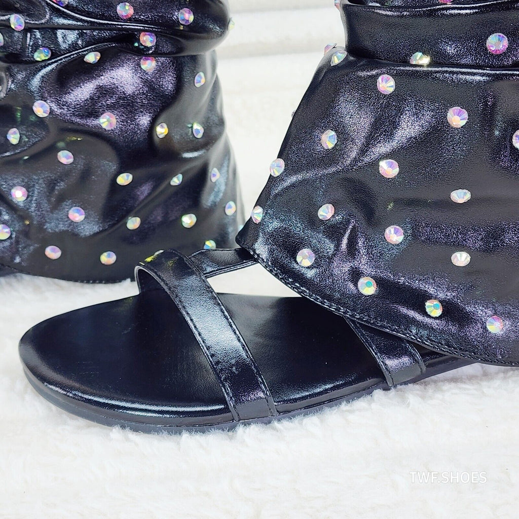 Fabulous Metallic Black Upper & Rhinestones Sandal Slouch Boots Shooties - Totally Wicked Footwear