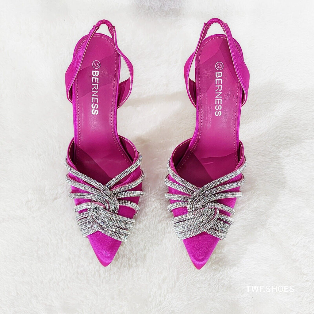 Elegance Slip on Slingback Fuchsia Satin Rhinestone Pointy Toe High Heels Shoes - Totally Wicked Footwear