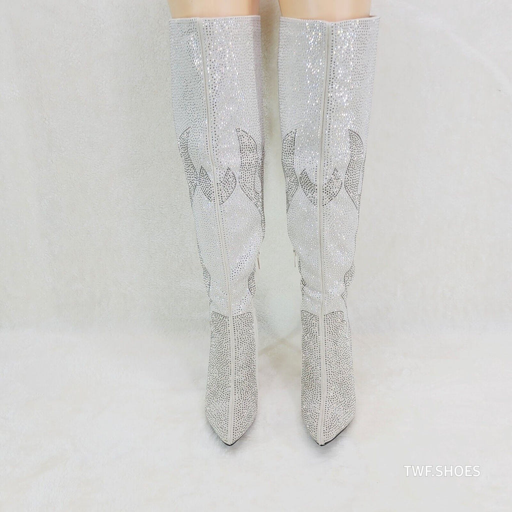 Fiery Desire Cream Ivory & Silver Rhinestone Flame Detail Sexy OTK Thigh Boots - Totally Wicked Footwear