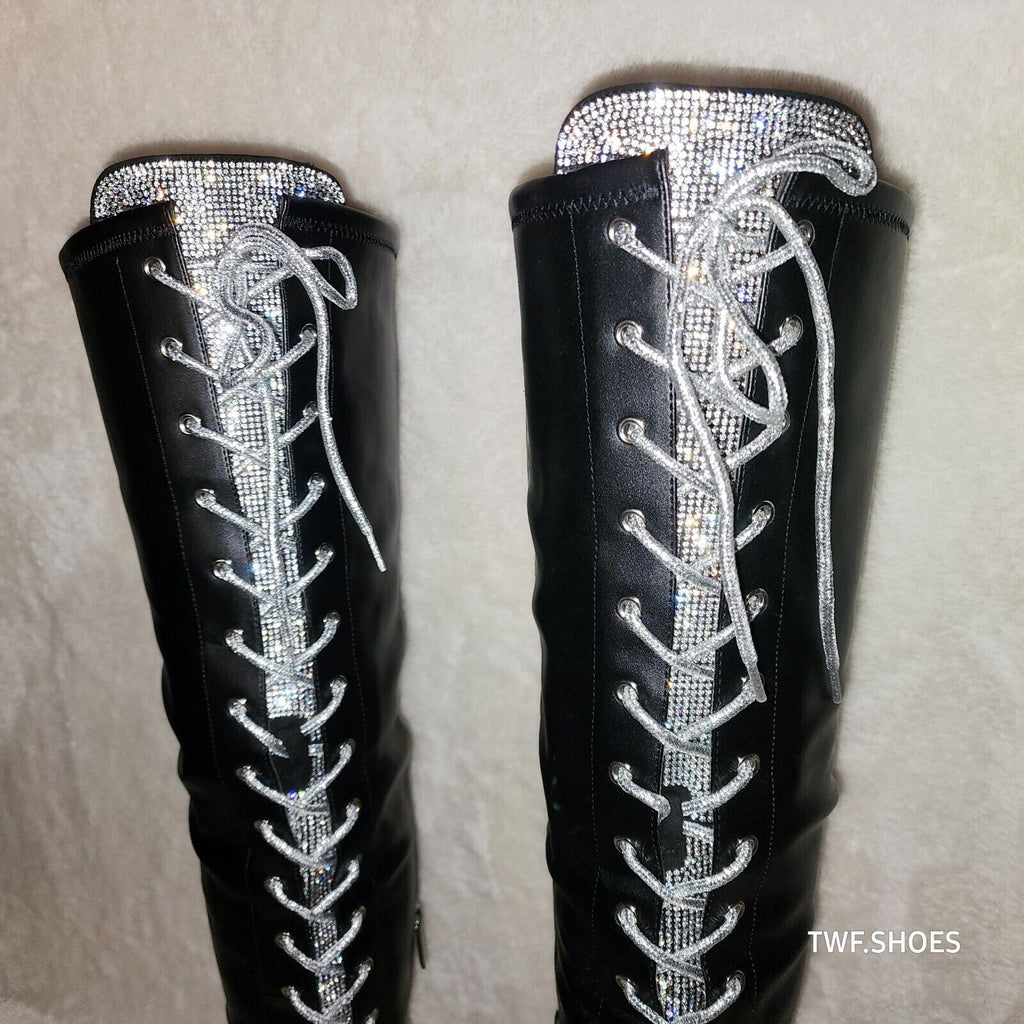 Roscoe Black Combat Thigh High Boots Iridescent Rhinestone Tongue Metallic Laces - Totally Wicked Footwear