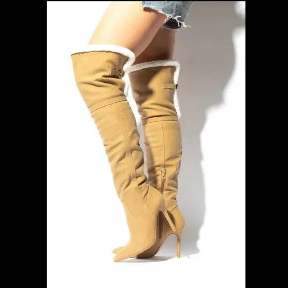 Cozy Craze Taupe Nubuck Over The Knee Fleece High Heel Thigh Boots - Totally Wicked Footwear