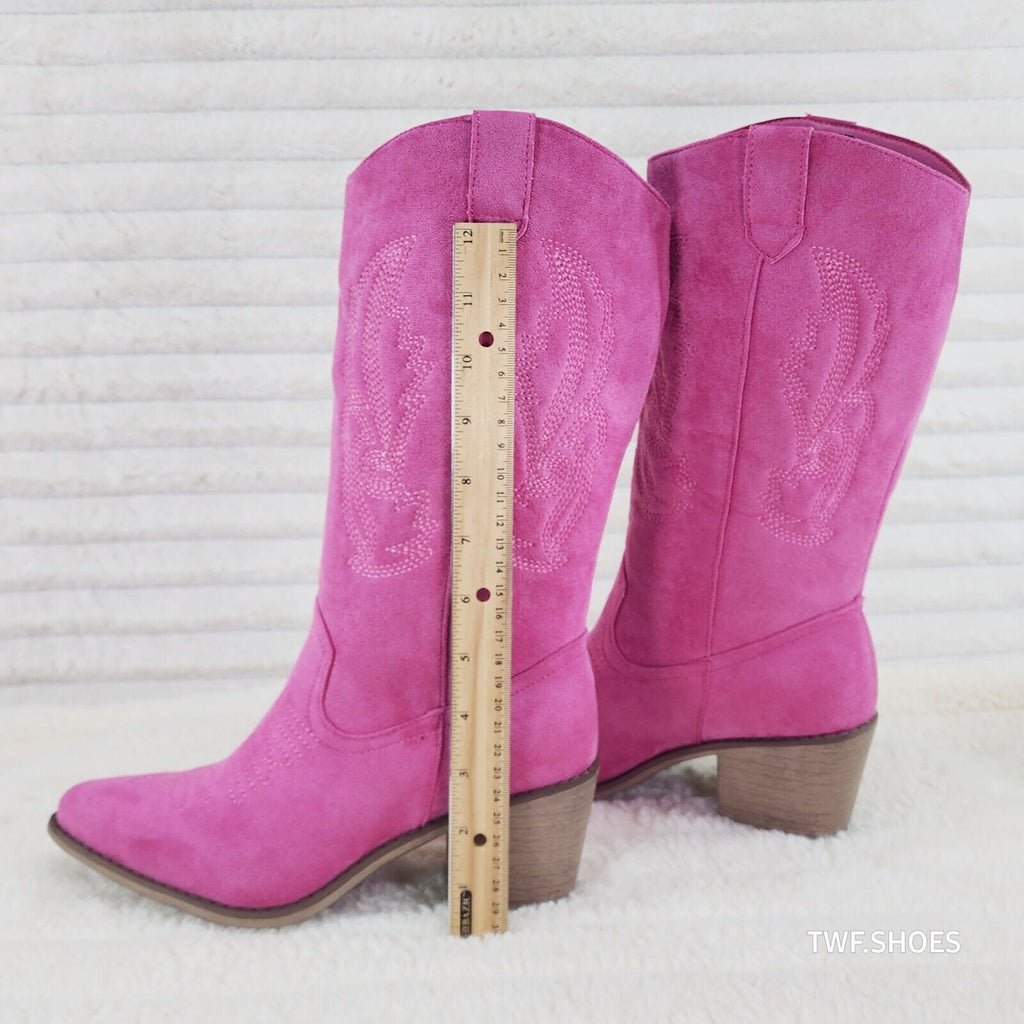 Wild Ones Fuchsia Pink Faux Suede Pull On Mid Calf Cowboy Cowgirl Boots - Totally Wicked Footwear