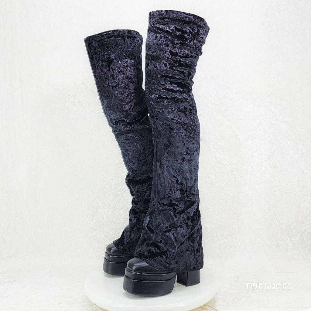 Unique Thigh High Black Velvet Fold over Skirted Chunky Heel Platform Boots - Totally Wicked Footwear