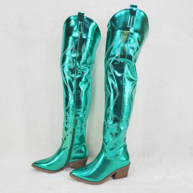 Country Disco Cowboy Metallic Green Western Cowgirl OTK Thigh Boots - Totally Wicked Footwear