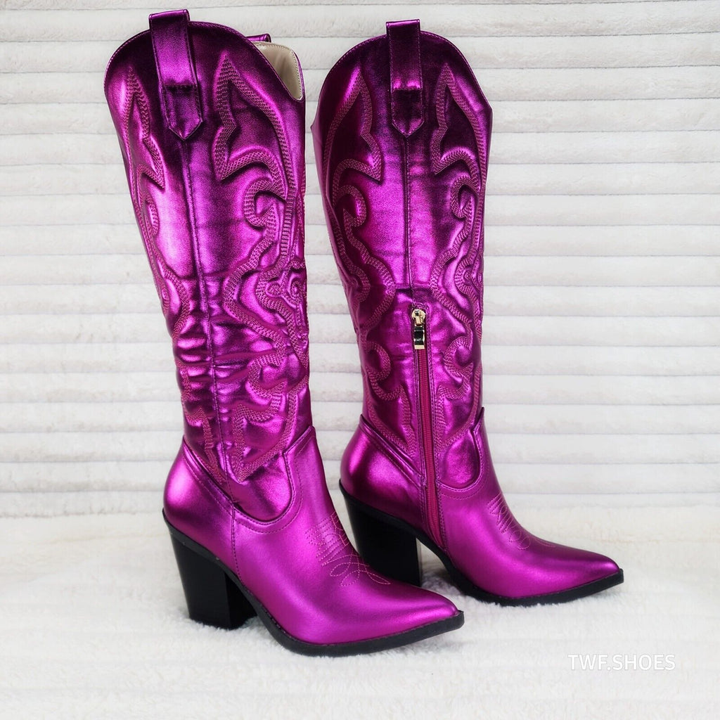 Electric Cowboy Metallic Matte Western Knee High Cowgirl Boots Hot Fuchsia Pink - Totally Wicked Footwear