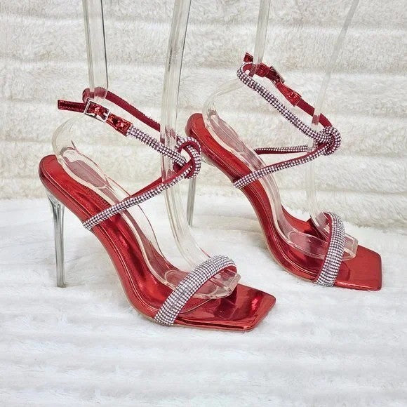 Lexton Red Metallic Knotted Strap Rhinestone Stiletto High Heels Sandal NEW - Totally Wicked Footwear