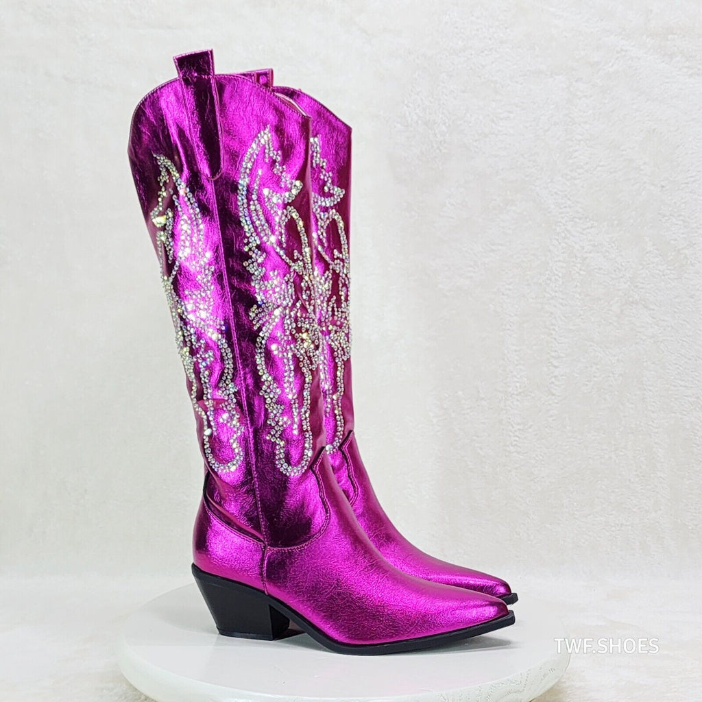 Razzle Metallic Pink Fuchsia Country Western Cowgirl Knee Boot Rhinestone Dazzle - Totally Wicked Footwear