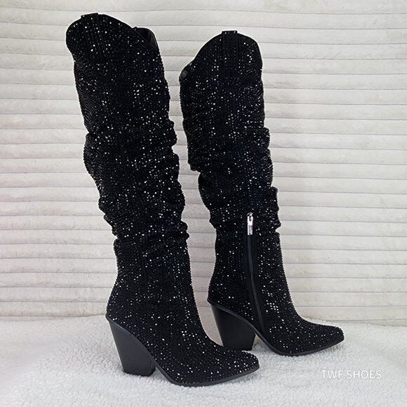Cape Robbin Diamond Rider Black Rhinestone Western Slouch Draped Knee Boots - Totally Wicked Footwear