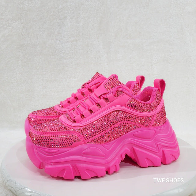 Cush Sport Rhinestone Comfy Platform Light Weight Sneakers Hot Pink - Totally Wicked Footwear