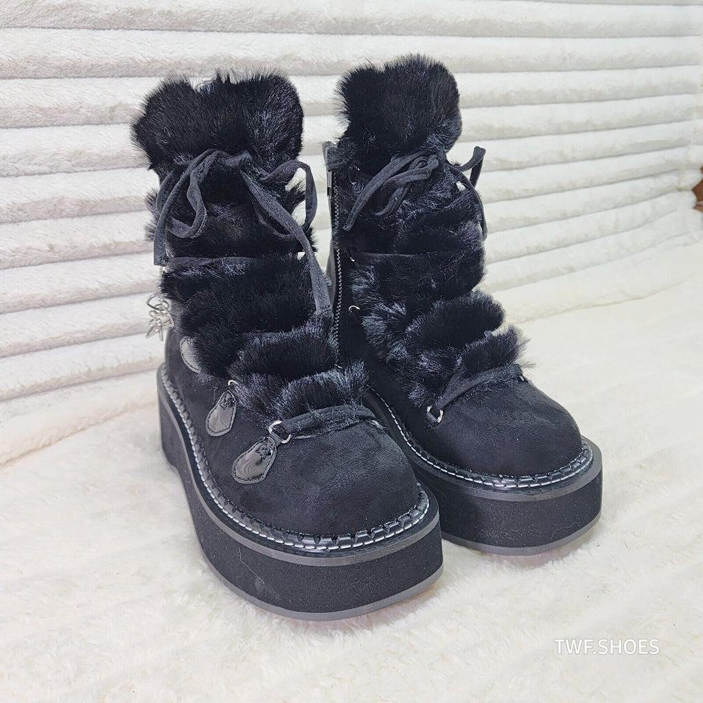 Emily Black Furry Heart Chain Goth 2" Platform Ankle Boots 55 Faux Fur - Totally Wicked Footwear