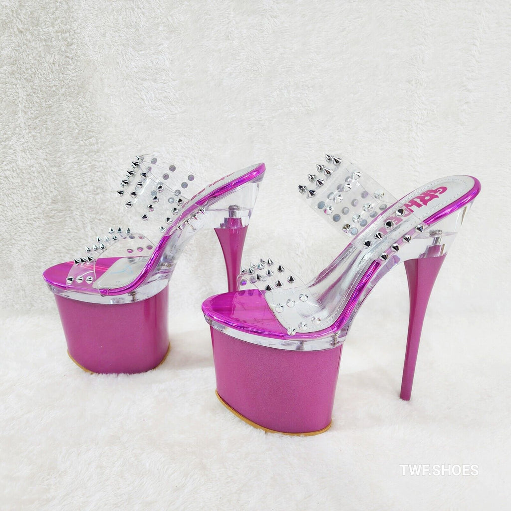 Bulls Sleek Slim 8" Towering Platform Heels Purple Double Clear Spiked Straps Sl - Totally Wicked Footwear