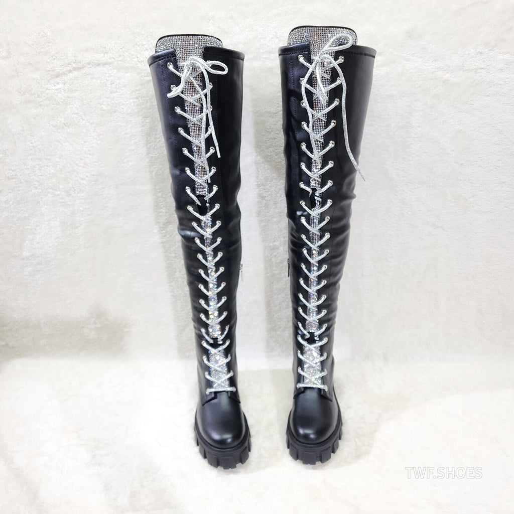 Roscoe Black Combat Thigh High Boots Iridescent Rhinestone Tongue Metallic Laces - Totally Wicked Footwear