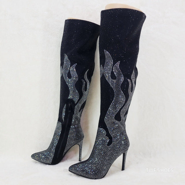 Fiery Desire Black & Silver Rhinestone Flame Detail Sexy OTK Thigh Boots - Totally Wicked Footwear