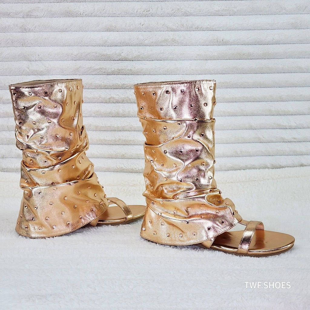 Fabulous Metallic Rose Gold Upper & Rhinestones Sandal Slouch Boots Shooties - Totally Wicked Footwear